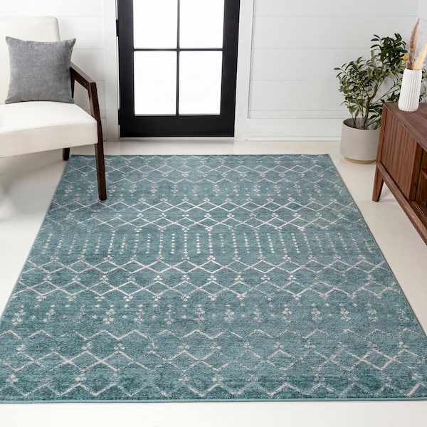 Leila Moroccan Diamond Trellis Machine-Washable Teal/Ivory 9 ft. x 12 ft. Area Rug