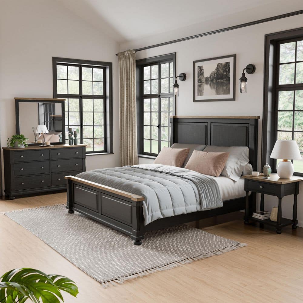Windcrest 4-Piece Farmhouse Black/Rustic Oak Wood King Panel Bedroom Set with 1-Drawer Nightstand and Dresser/Mirror price history on PriceWatchPro