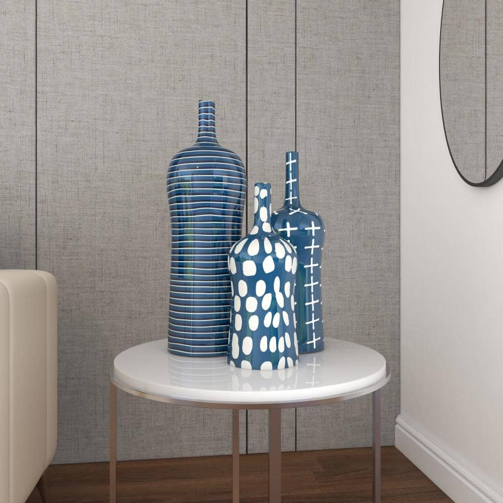 Blue and White Ceramic Bottle-Shaped Table Vase Set of Three