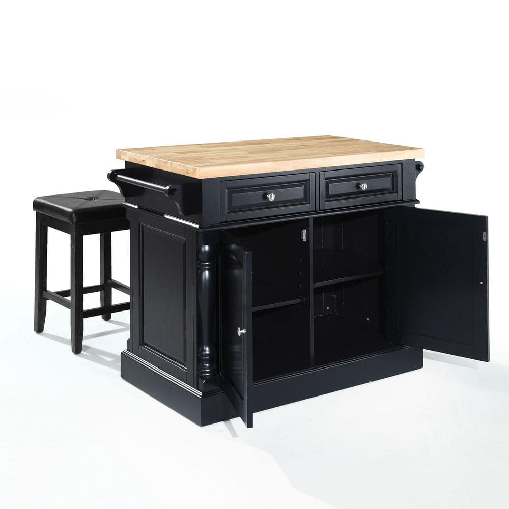 Oxford Black Butcher Block Kitchen Island with Cushioned Stools