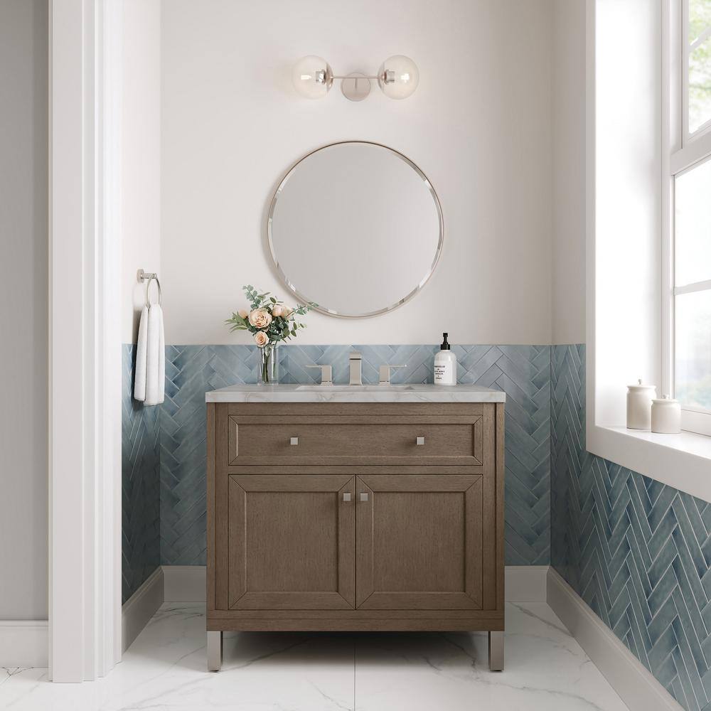 Chicago 36" Whitewashed Walnut Vanity with Victorian Silver Quartz Top