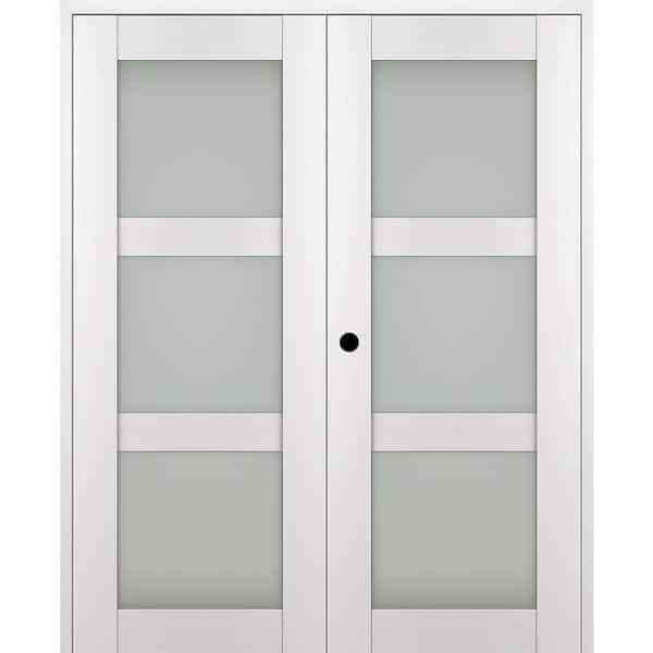 Paola 36 in. x 80 in. Right-Hand Active 3-Lite Frosted Glass Bianco Noble Wood Composite Double Prehung French Door