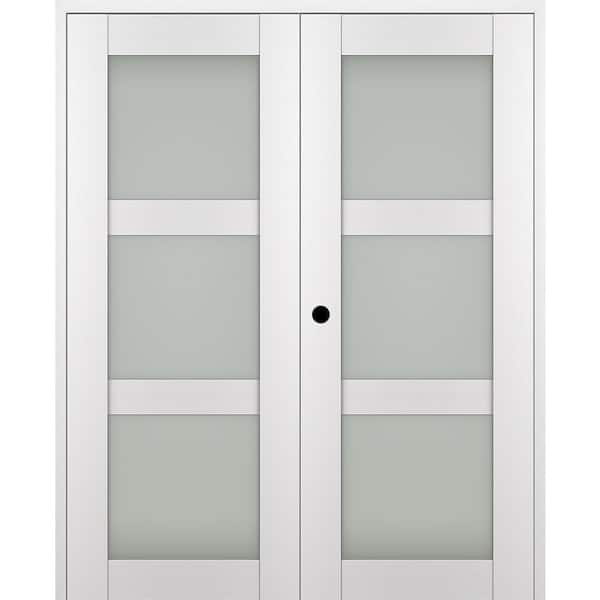 Belldinni Paola 60 in. x 80 in. Right Hand Active 3-Lite Frosted Glass Bianco Noble Wood Composite Double Prehung French Door