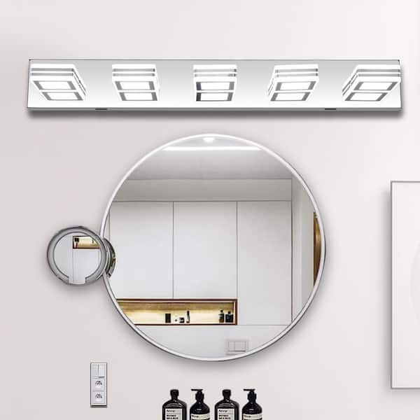 32 in. Modern 5-Light Chrome LED Vanity Light Over Mirror Bath Wall Lighting Fixtures with Square Acrylic Lampshades