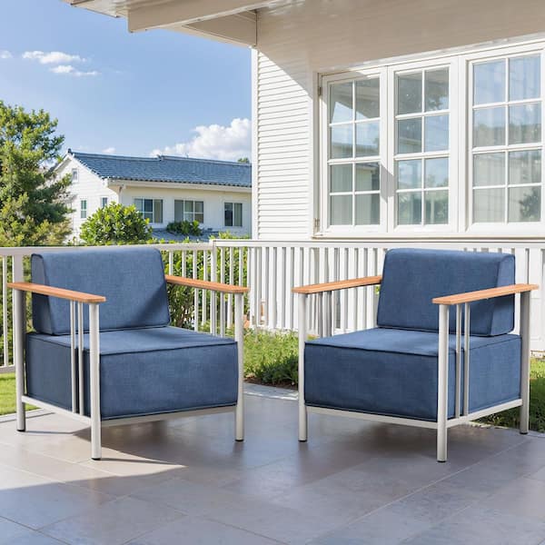 BoulderSeat White Metal Outdoor Lounge Chair with 10 in. Thick Olefin Blue Cushions (2-Pack)