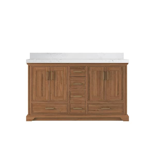 Willow Collections Charlotte Teak 60 in. W x 22 in. D x 36 in. H Double Sink Bath Vanity in Dark Natural with 2 in. Carrara Quartz Top