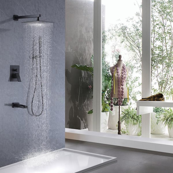 Single-Handle 3-Spray Square High Pressure Tub and Shower Faucet in Black (Valve Included)