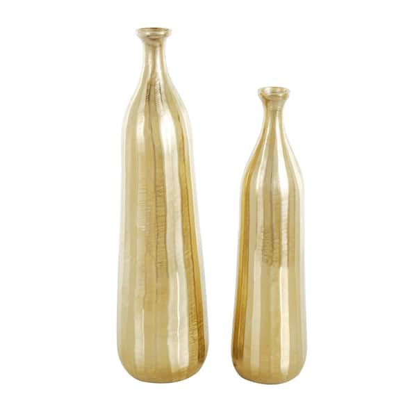 Litton Lane Gold Aluminum Metal Decorative Vase with Wavy Accents and Textured Ridges (Set of 2)