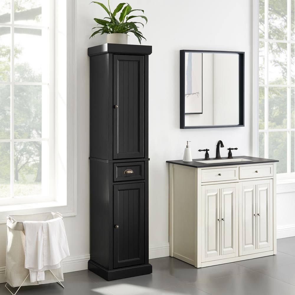 Seaside Distressed Black Tall Linen Cabinet with Adjustable Shelving