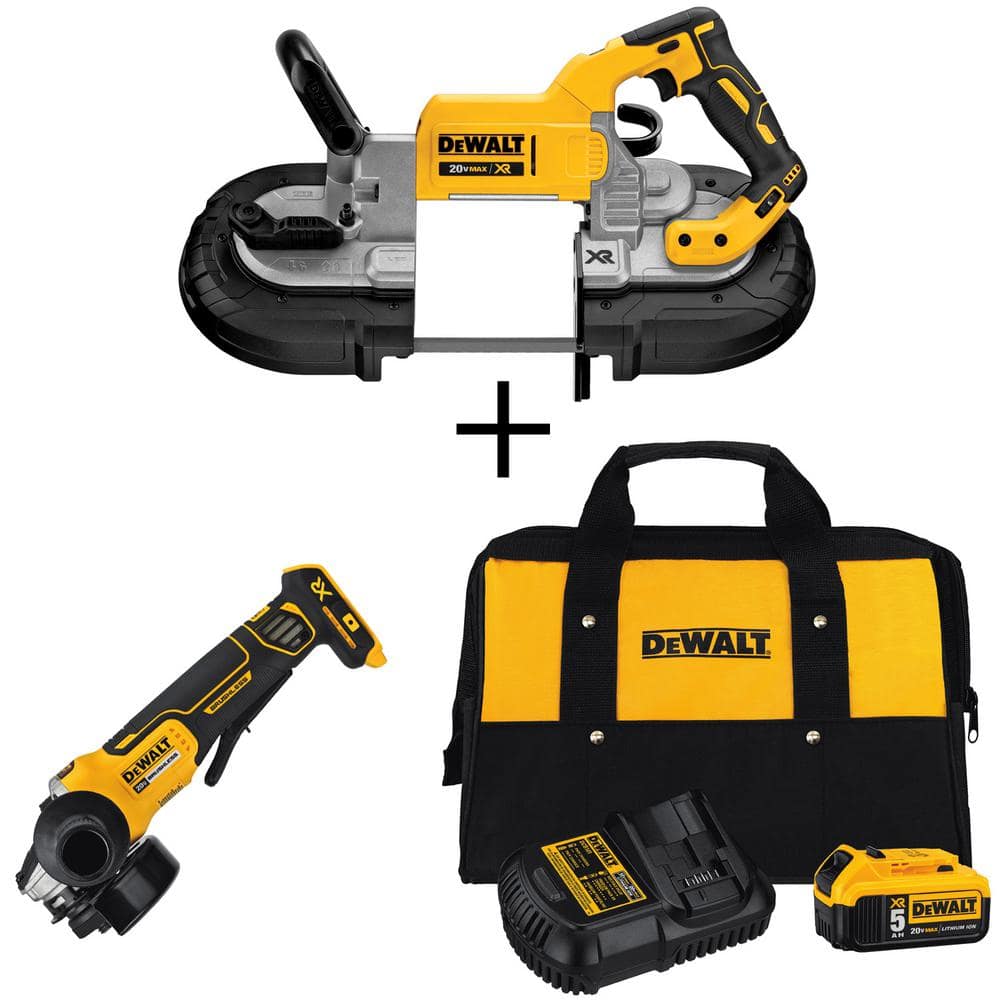 DEWALT 20V MAX XR Cordless Brushless Deep Cut Band Saw, 4.5 in. Grinder, and (1) 20V Premium Lithium-Ion 5.0Ah Battery -  DCS374BW413205C