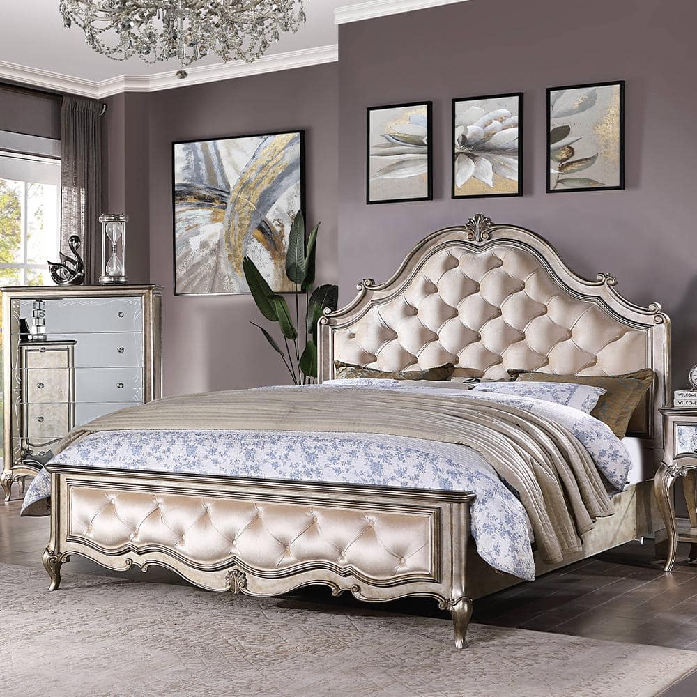 Ivory Velvet Queen Bed with Tufted Upholstered Headboard