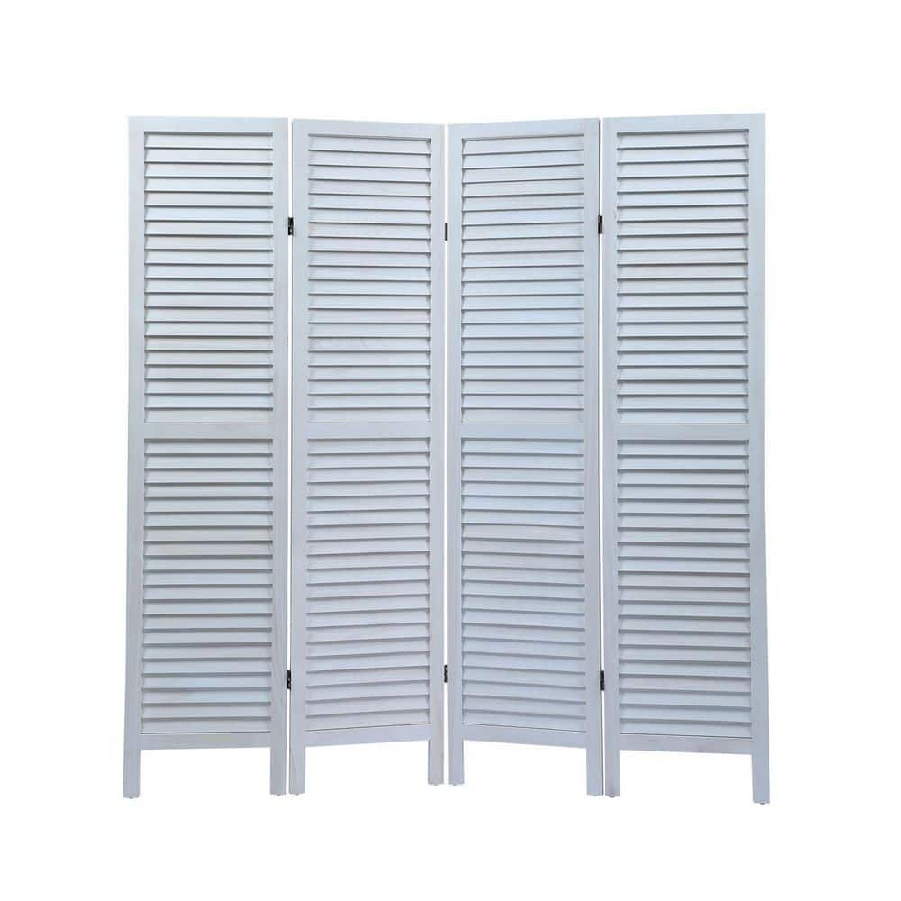 Old white 4-Panel Sycamore Wood Panel Screen Folding Louvered Room Divider