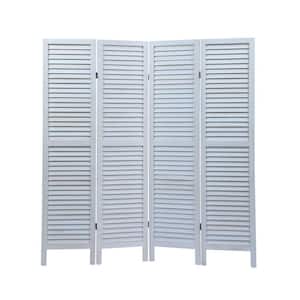 Old white 4-Panel Sycamore Wood Panel Screen Folding Louvered Room Divider