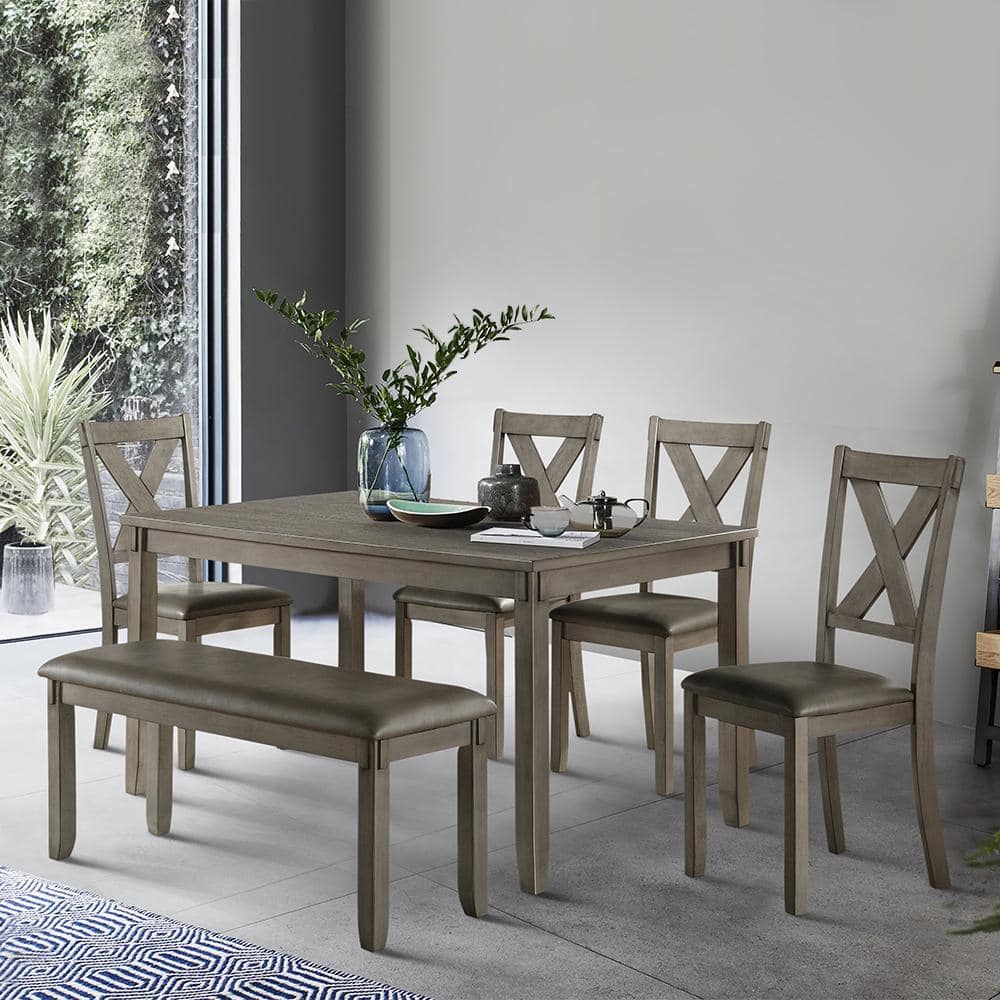 Transitional Gray 6-Piece Dining Set with Upholstered Chairs and Bench
