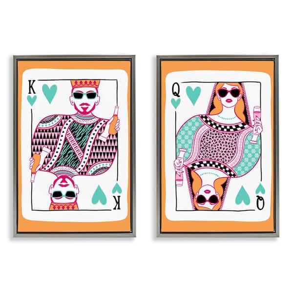 Stupell Industries King and Queen of Hearts by JJ Design House LLC 2-Pieces Gray Floater Frame People Graphic Art Print 25 in. x 17 in.