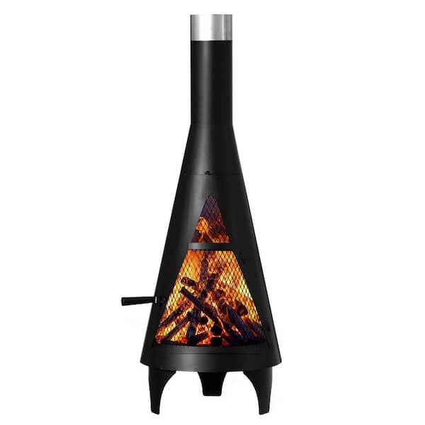 Gardenised 50" Black Outdoor Metal Wood Burning Chimenea Patio Heater Fire Pit, Includes Fire Pit Poker Handle