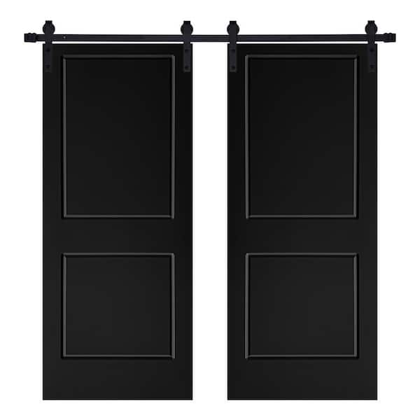 AIOPOP HOME Modern 2-Panel Designed 48 in. x 80 in. MDF Panel Black Painted Double Sliding Barn Door with Hardware Kit