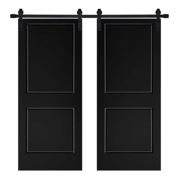 AIOPOP HOME Modern 2-Panel Designed 72 in. x 80 in. MDF Panel Black Painted Double Sliding Barn Door with Hardware Kit