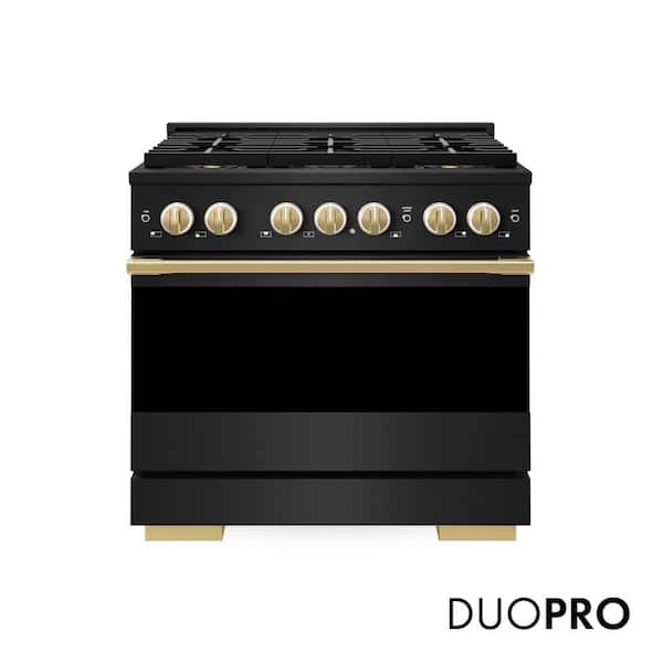 Autograph 36 in. 5.2 cu. ft. Marino Dual Fuel Range with 6 Burner Cooktop and Electric Oven in Black Stainless and Gold