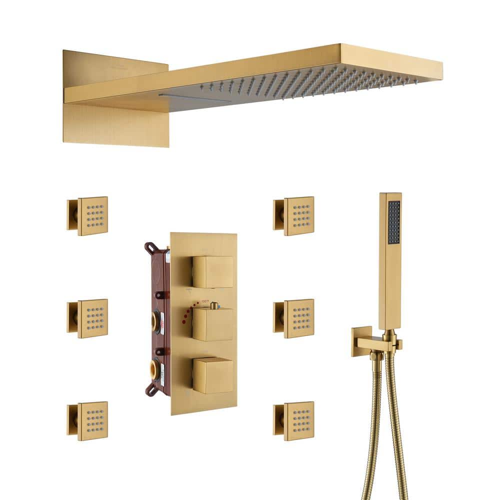 Brushed Gold Dual Rectangle Ceiling Mount Shower System with Body Jets