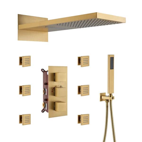 8-Spray 22 in. Wall Mount Rainfall Dual Shower Heads with 2.5 GPM and 6-Jet in Brushed Gold