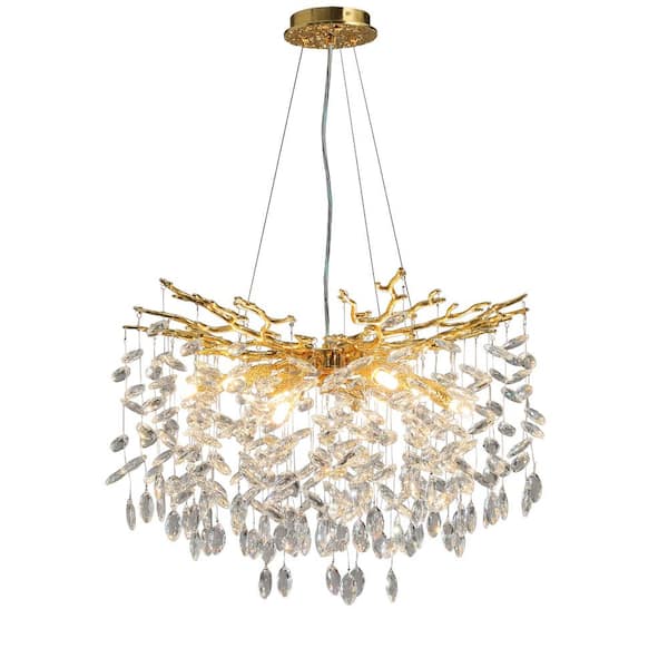 23.6 in. 9-Lights Gold Luxury Crystal Globe Chandelier, Modern Branch Chandelier for Dinning Room, Kitchen, Living Room