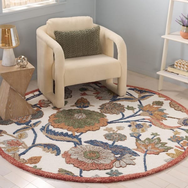 Jardin 6 ft. x 6 ft. Ivory/Green High-Low Floral Round Area Rug
