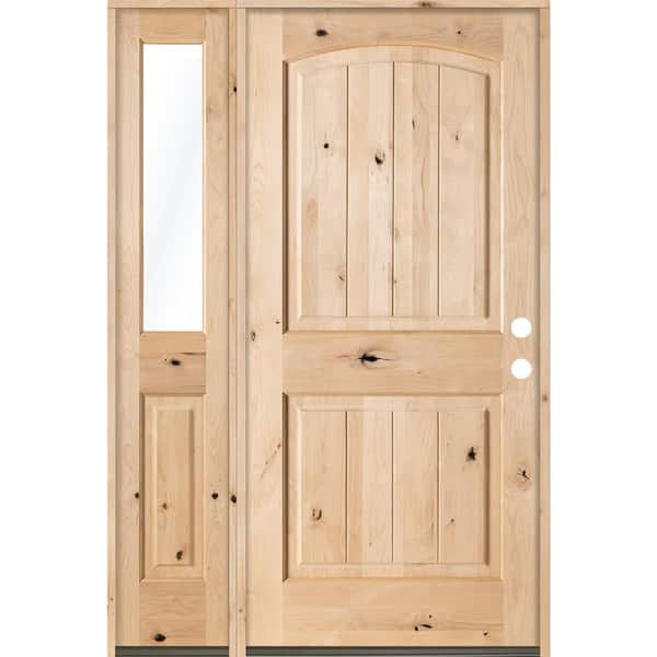 Krosswood Doors 50 in. x 80 in. Rustic Unfinished Knotty Alder Arch Top VG Left-Hand Left Half Sidelite Clear Glass Prehung Front Door