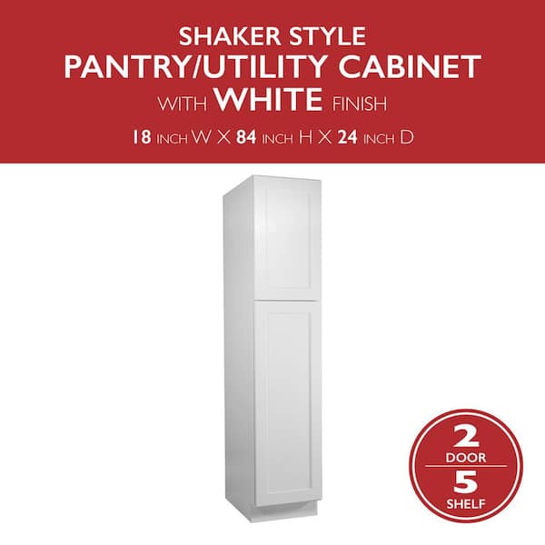 Brookings Solid Wood Ready to Assemble Shaker 18 in.x 84 in.x 24 in.2Door Pantry/Utility Kitchen Cabinet UC1884 in White