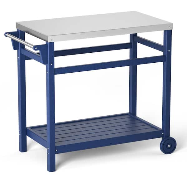Otryad Navy 34 in. Outdoor Grill Cart Prep Dining Cart Table with Stainless Steel Countertop, Storage Shelf and Towel Bar