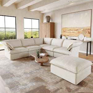 123 in. Overstuffed Linen Flannel L-Shaped Deep Seat Couch Modular 6-Seat Corner Sectional Sofa with Ottoman,Beige