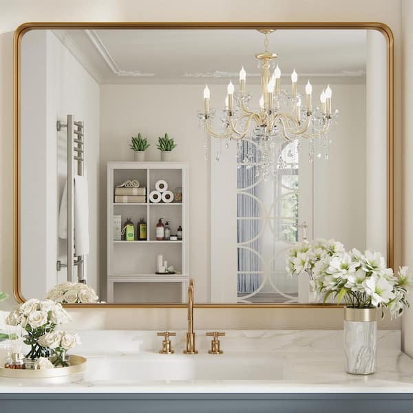 PRIMEPLUS 30 in. W x 40 in. H Large Rectangle Metal Framed Wall Mirrors Bathroom Mirror Vanity Mirror Accent Mirror in Gold