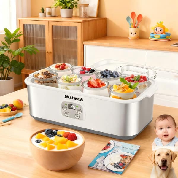 48 oz. (1.5 qt. ) LCD Display Yogurt Maker Machine with 8 Glass Jars with Adjustable Time and Temp Control in Silver