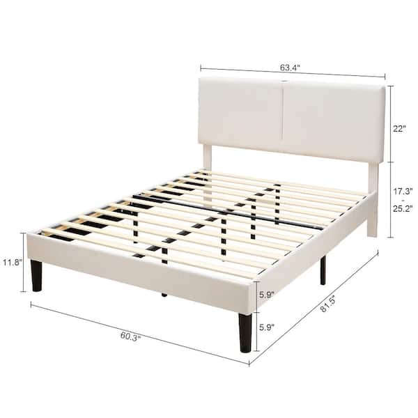 Bed Frame with Type-C and USB Ports, Upholstered Platform Height-Adjustable Cotton and Linen Headboard, Beige Queen Bed