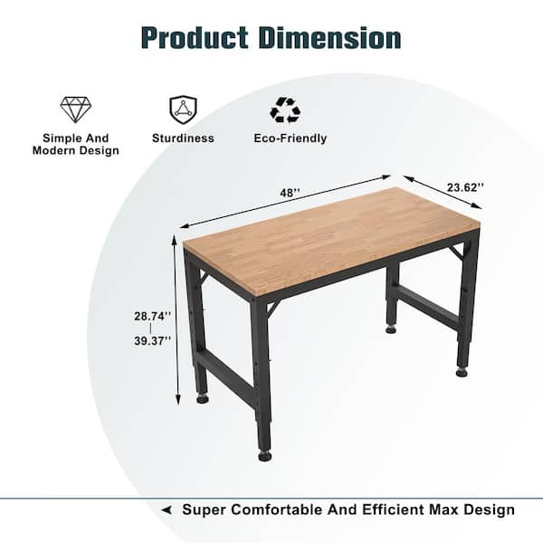 48 in. W x 24 in. L Black Metal and Wood Siding Heavy-Duty Adjustable Workbench Hardwood Workstation for Garage