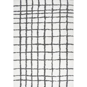 Arenal Geometric Grid Shag White/Black 3 ft. x 5 ft. Area Rug