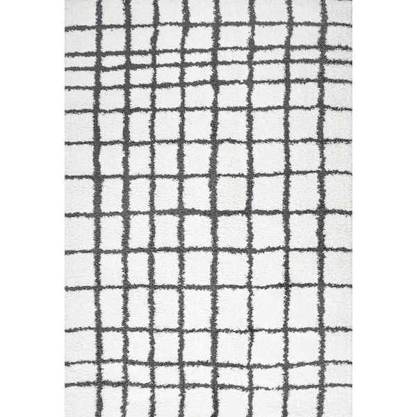 Arenal Geometric Grid Shag White/Black 8 ft. x 10 ft. Area Rug
