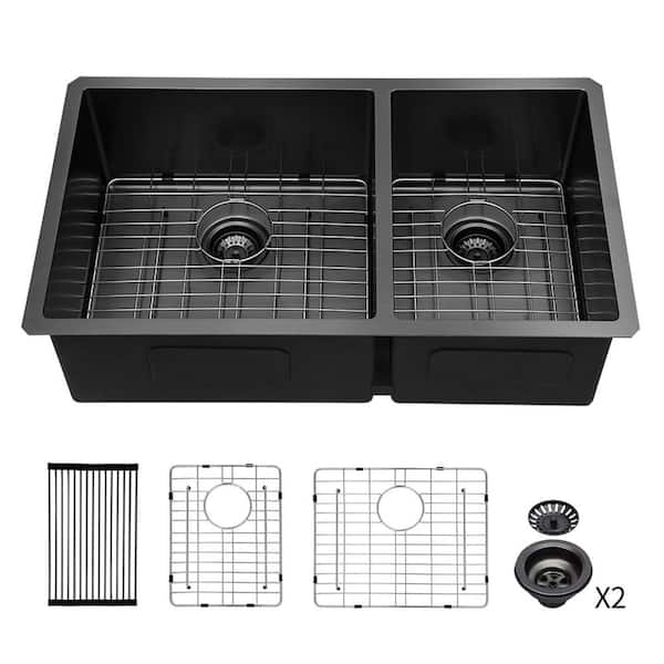 RAINLEX 33 in. L x 19 in. W Undermount Double Bowls 16-Gauge Stainless Steel Kitchen Sink in Gunmetal Black