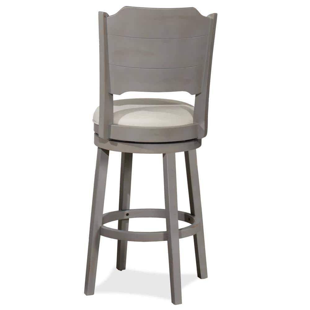 Clarion Distressed Gray Wood Swivel Barstool with Fog Gray Upholstery