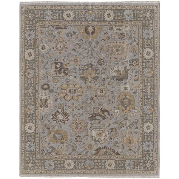 9 ft. x 13 ft. Gray and Brown Wool Oriental Hand Knotted Area Rug With Fringe