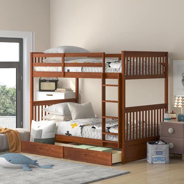 GODEER Walnut Twin Over Twin Bunk Bed with Ladders and 2 Storage Drawers