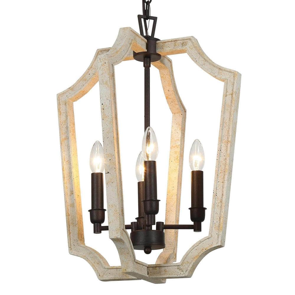 4-Light Farmhouse Chandelier with Distressed White Wood Frame and Matte Bla