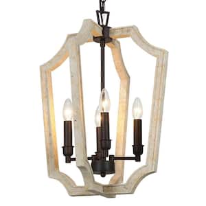 4-Light Farmhouse Chandelier with Distressed White Wood Frame and Matte Black Accents