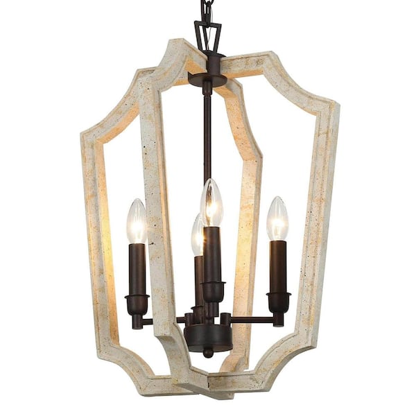 Unbranded 4-Light Farmhouse Chandelier with Distressed White Wood Frame and Matte Black Accents