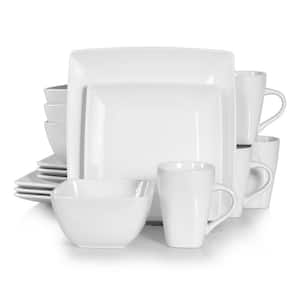 Series Soho Porcelain Square Ivory White 16-Piece Dinnerware Sets with Dessert Plate Bowls Mugs(Service Set for 4)