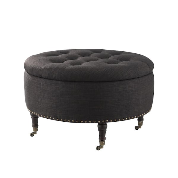 Rustic Manor Renata Charcoal Upholstered Linen Round Shape Storage Ottoman