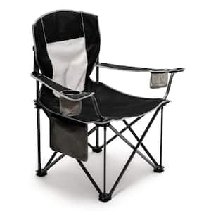 Black Metal Patio Folding Beach Chair Lawn Chair Camping Chair with Side Pockets and Cup Holder
