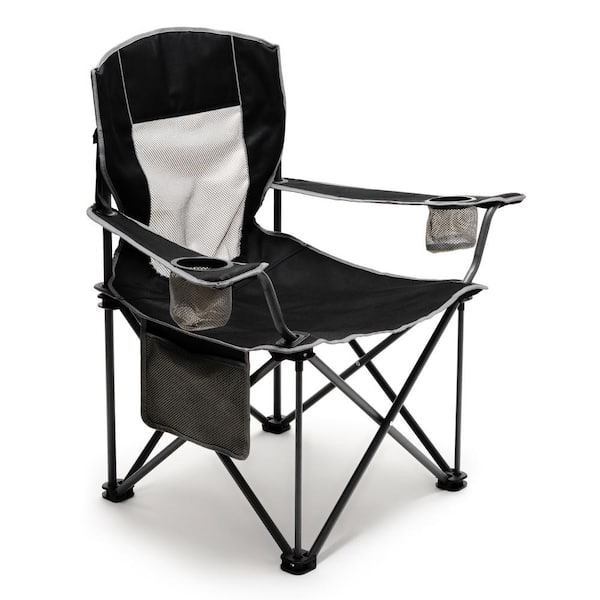 Mondawe Black Metal Patio Folding Beach Chair Lawn Chair Camping Chair with Side Pockets and Cup Holder