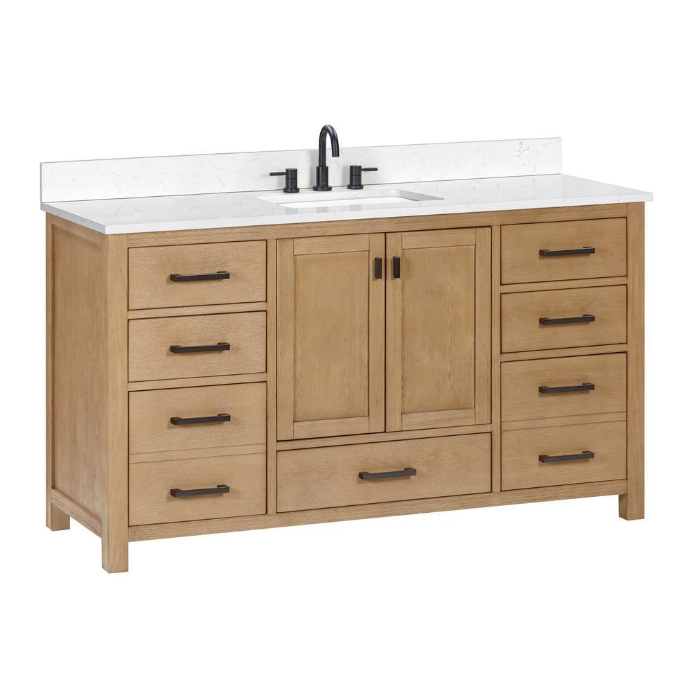 Modero 61-Inch Brushed Oak Single Vanity with White Stone Top