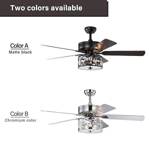 52 in. Farmhouse Indoor Matte Black Reversible Blades 3-Speeds Crystal Ceiling Fan with Remote LINJO Ceiling Fans With Lights